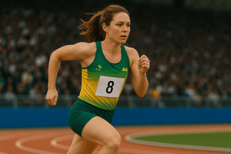Female Australian sprinter in green and gold uniform running on a stadium track during a professional race.