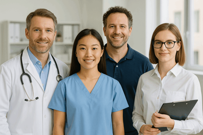 Team of medical professionals, including doctors and nurses, standing in a hospital corridor – Lend A Loan's Home Loans for Medical Professionals