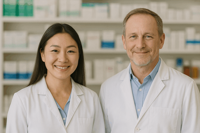 Australian pharmacist standing confidently behind a pharmacy counter – Lend A Loan’s home loans and business finance for pharmacists