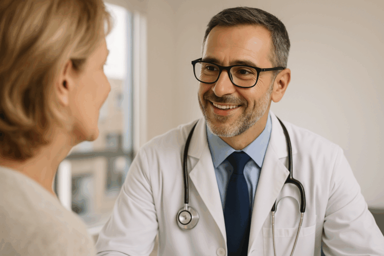 Doctor and patient discussing finances in a bright modern clinic — representing Lend A Loan’s tailored home loans for doctors, GPs, and medical specialists with potential LMI waivers up to 95% LVR.