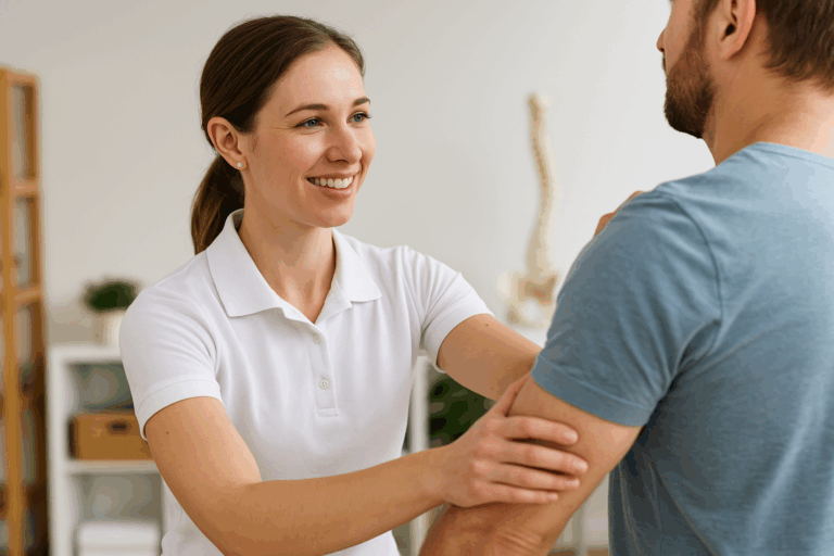 Physiotherapist assisting a patient during a shoulder mobility session in a bright modern clinic, representing professional home loan solutions for physiotherapists.