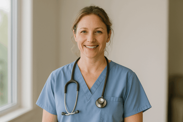 Smiling midwife in blue scrubs with stethoscope representing home loans for midwives and LMI waiver