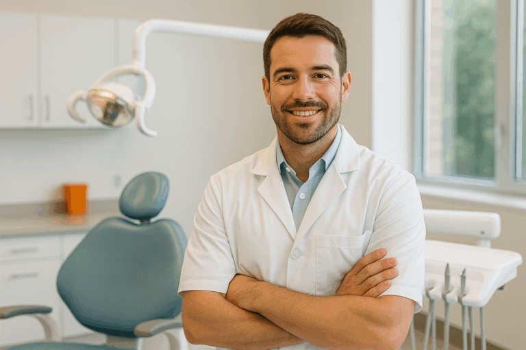Australian dentist standing confidently in a modern dental clinic, representing Lend A Loan’s exclusive home loan solutions for dental professionals with up to 95% LVR and waived LMI.